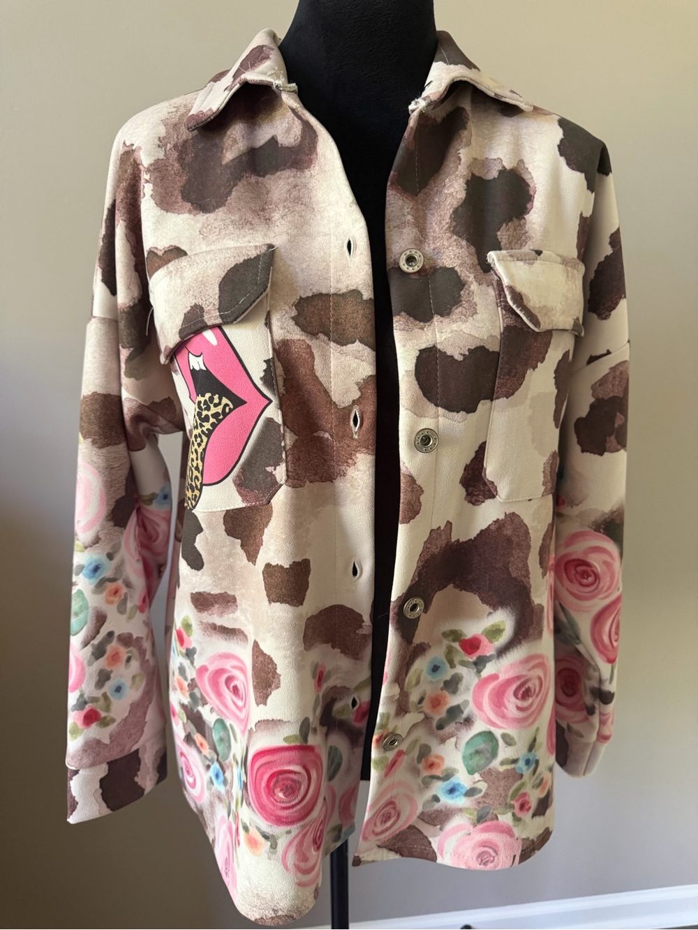 Made in Italy Cow & Floral Print Brown & Pink Button Shacket One Size